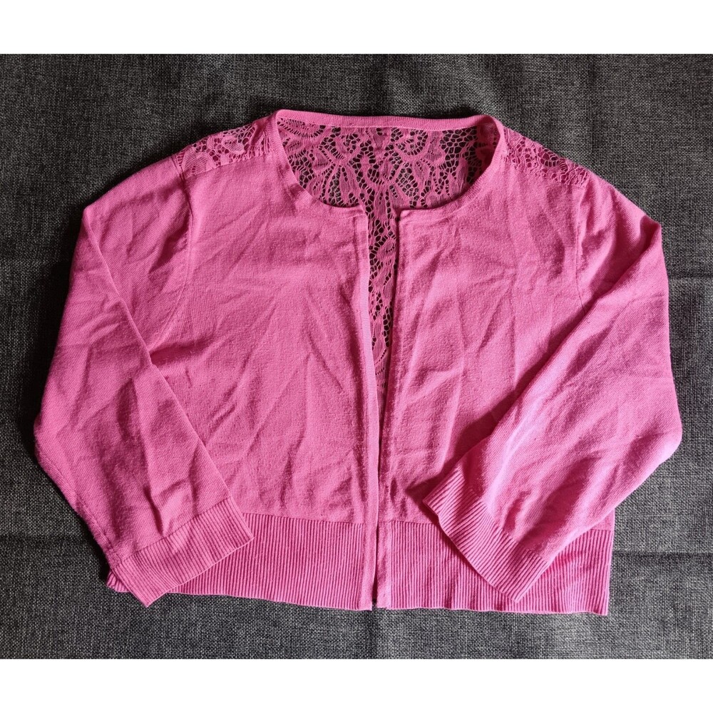 Sweater XL Pink cardigan light weight short sleeve with lace trim back womans